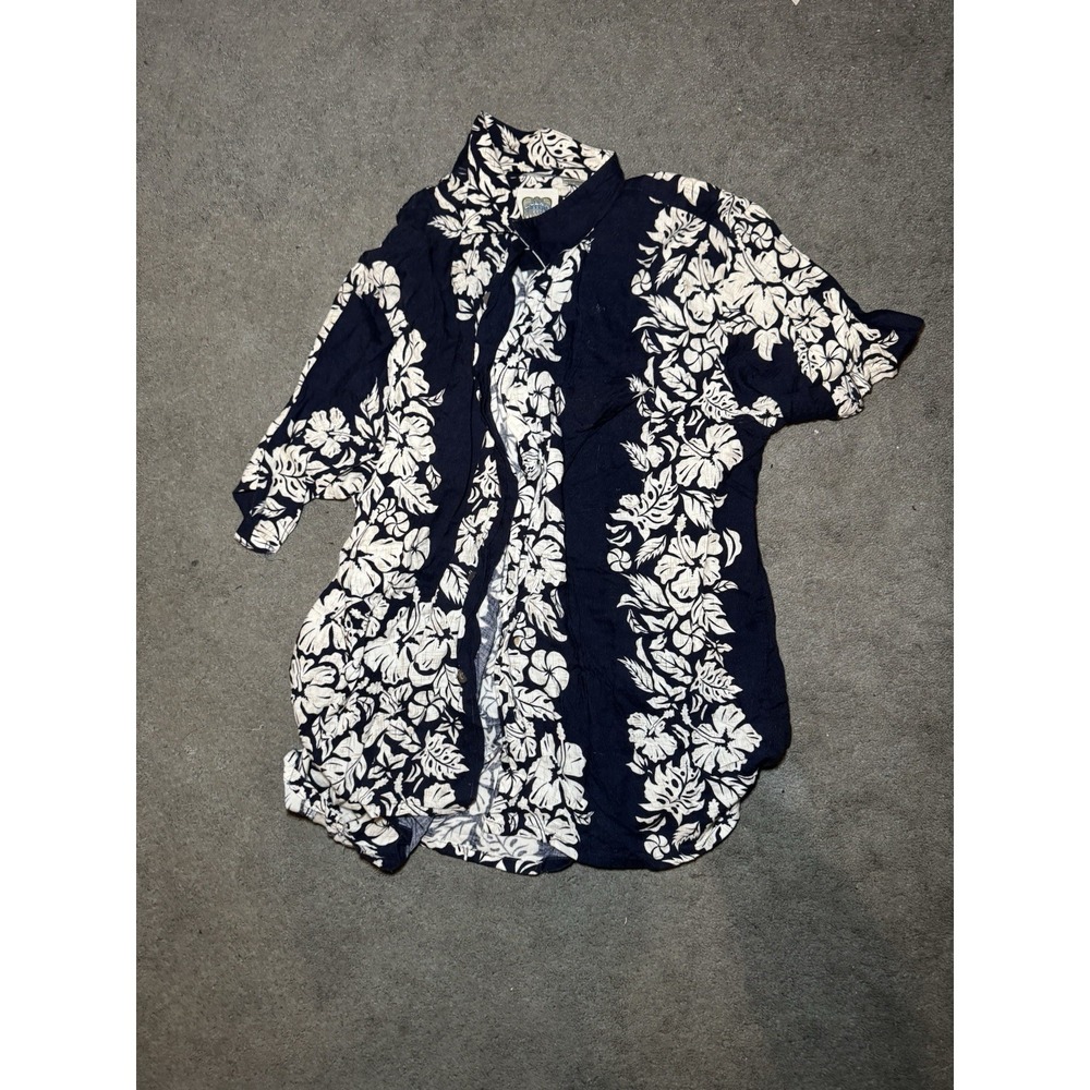 Vintage Ocean Current Hawaiian Aloha Shirt Rayon Floral Blue White Size M